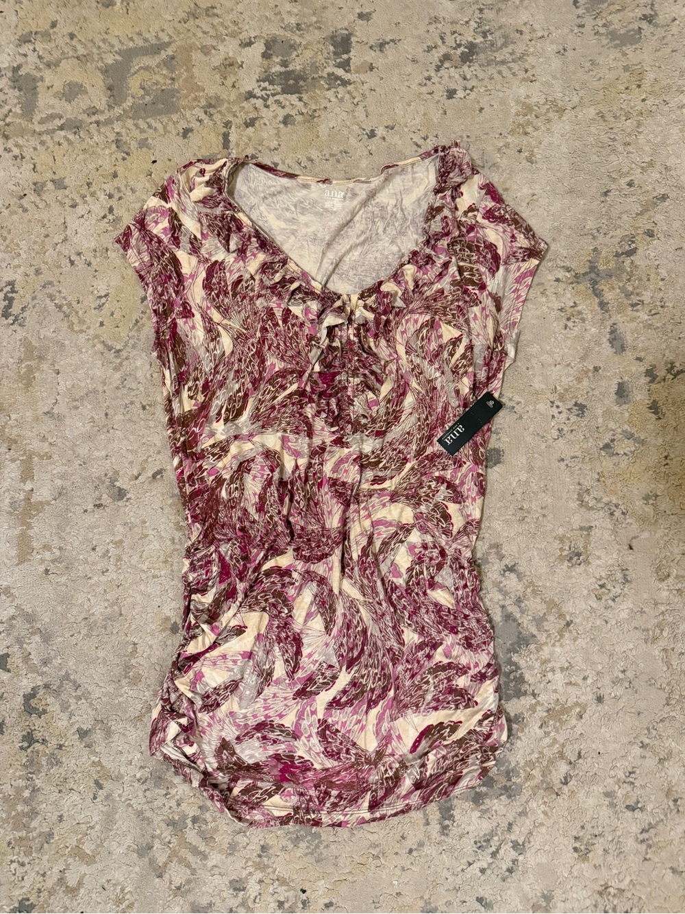 a.n.a Cream and Plum Ruffled V-Neck Blouse